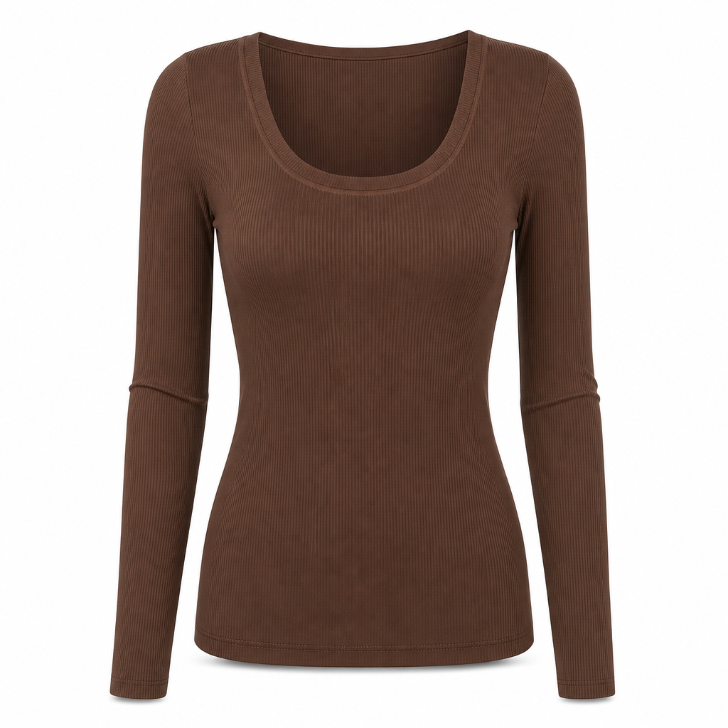 Damen Rippstrick-T-Shirt mit quadratischem Ausschnitt, langen Ärmeln und schmaler Passform