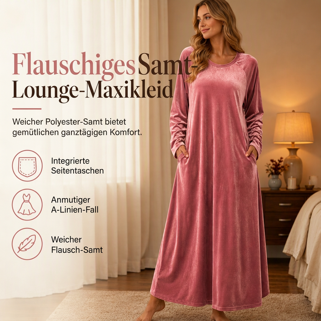 Freizeitkleid aus Samt mit Rundhalsausschnitt und Taschen für Damen