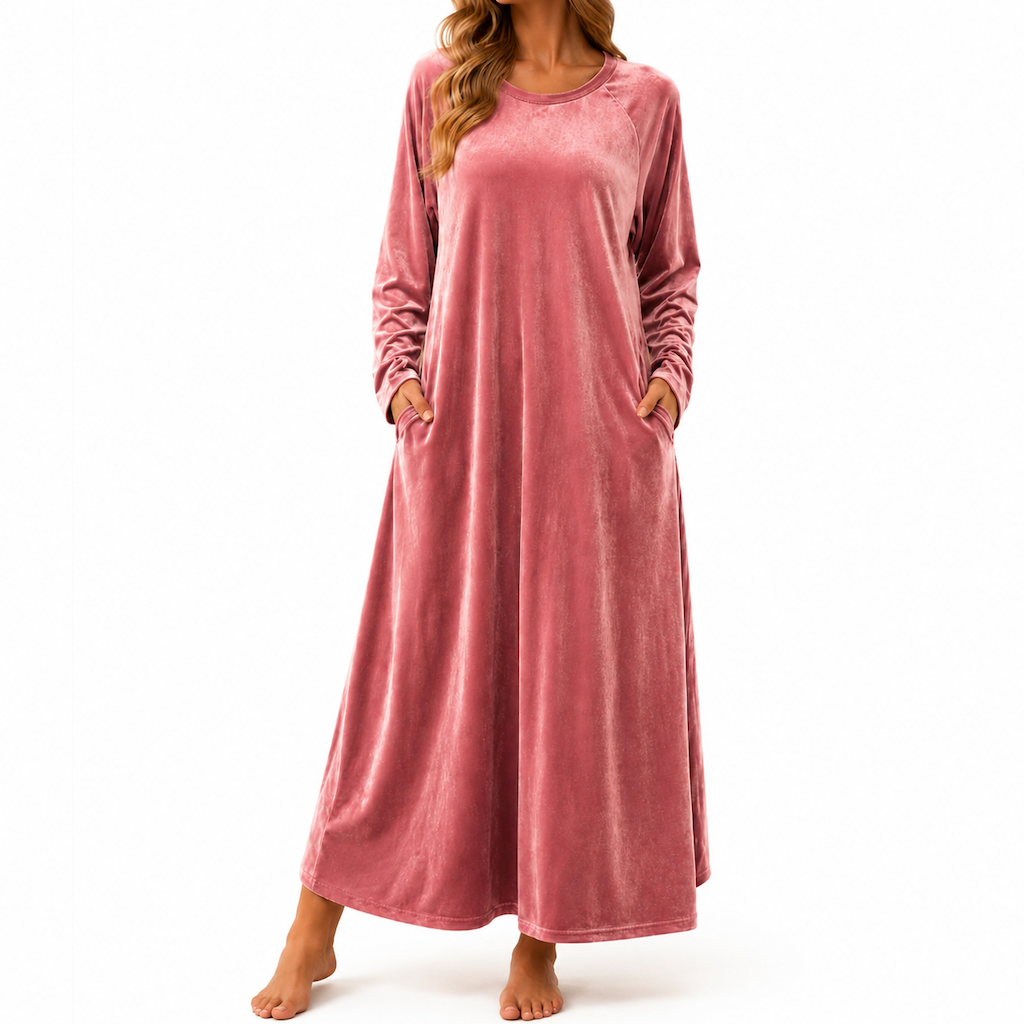 Freizeitkleid aus Samt mit Rundhalsausschnitt und Taschen für Damen