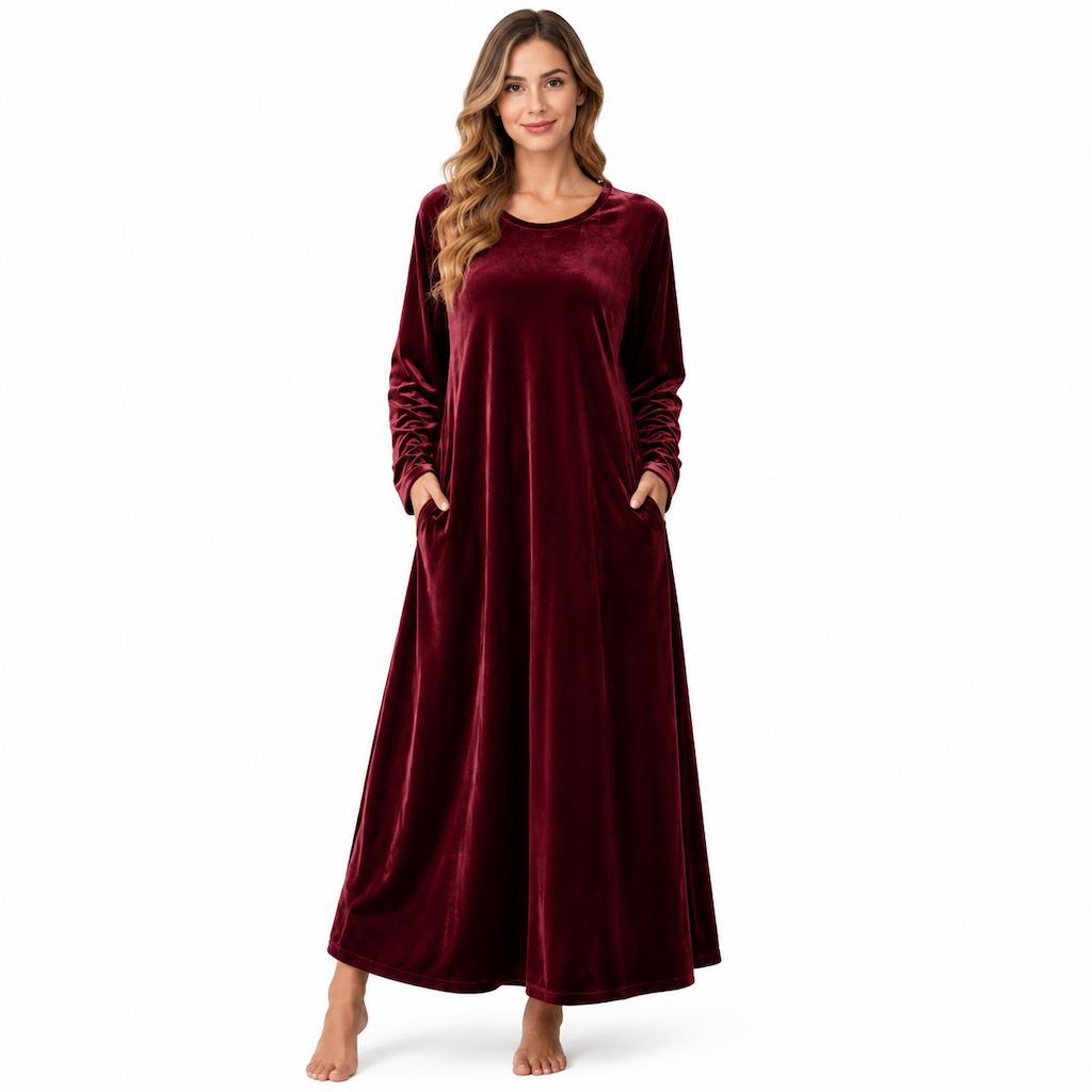 Freizeitkleid aus Samt mit Rundhalsausschnitt und Taschen für Damen