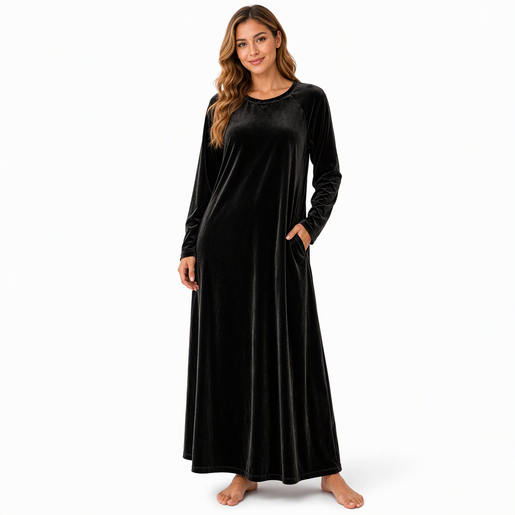 Freizeitkleid aus Samt mit Rundhalsausschnitt und Taschen für Damen