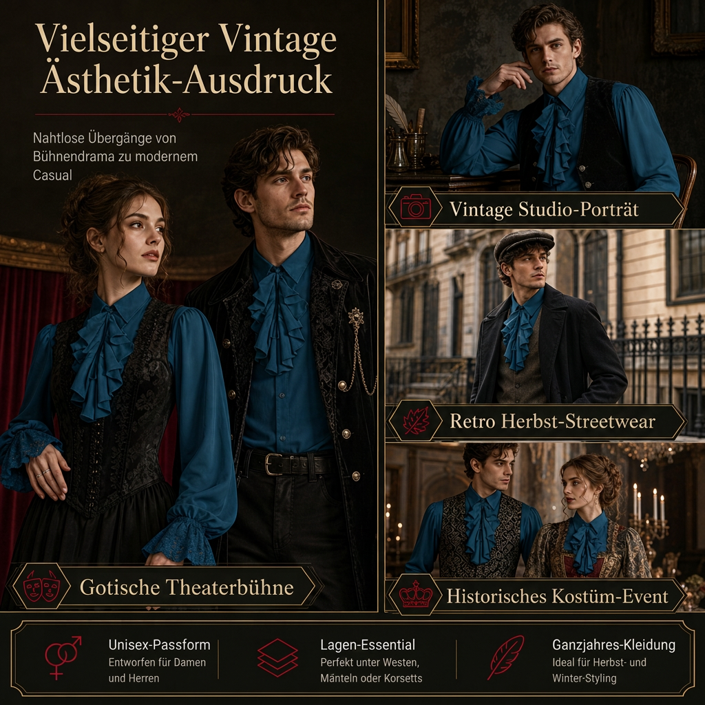 Damen Bluse im französischen Stil mit Rüschenkragen und Spitzenmanschetten für Halloween-Vampirkostüme und Bühnenauftritte