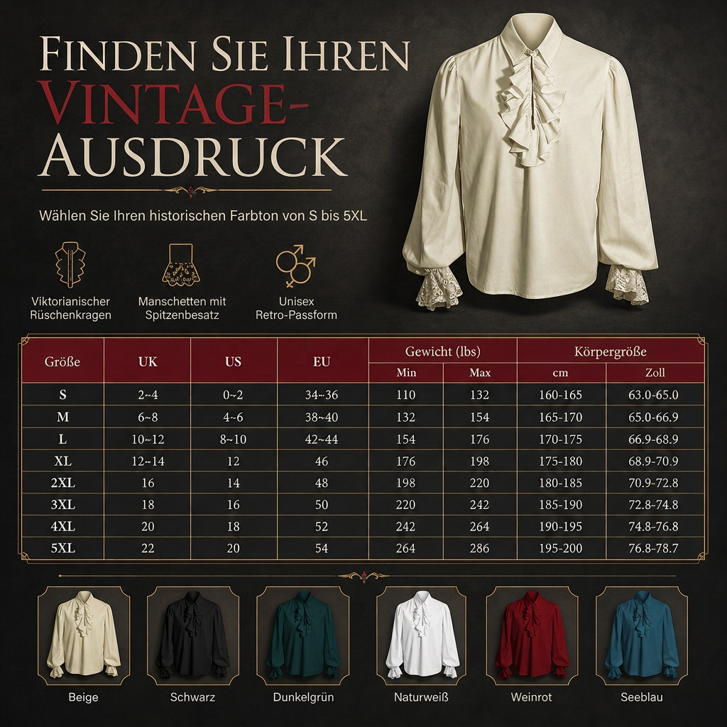 Damen Bluse im französischen Stil mit Rüschenkragen und Spitzenmanschetten für Halloween-Vampirkostüme und Bühnenauftritte