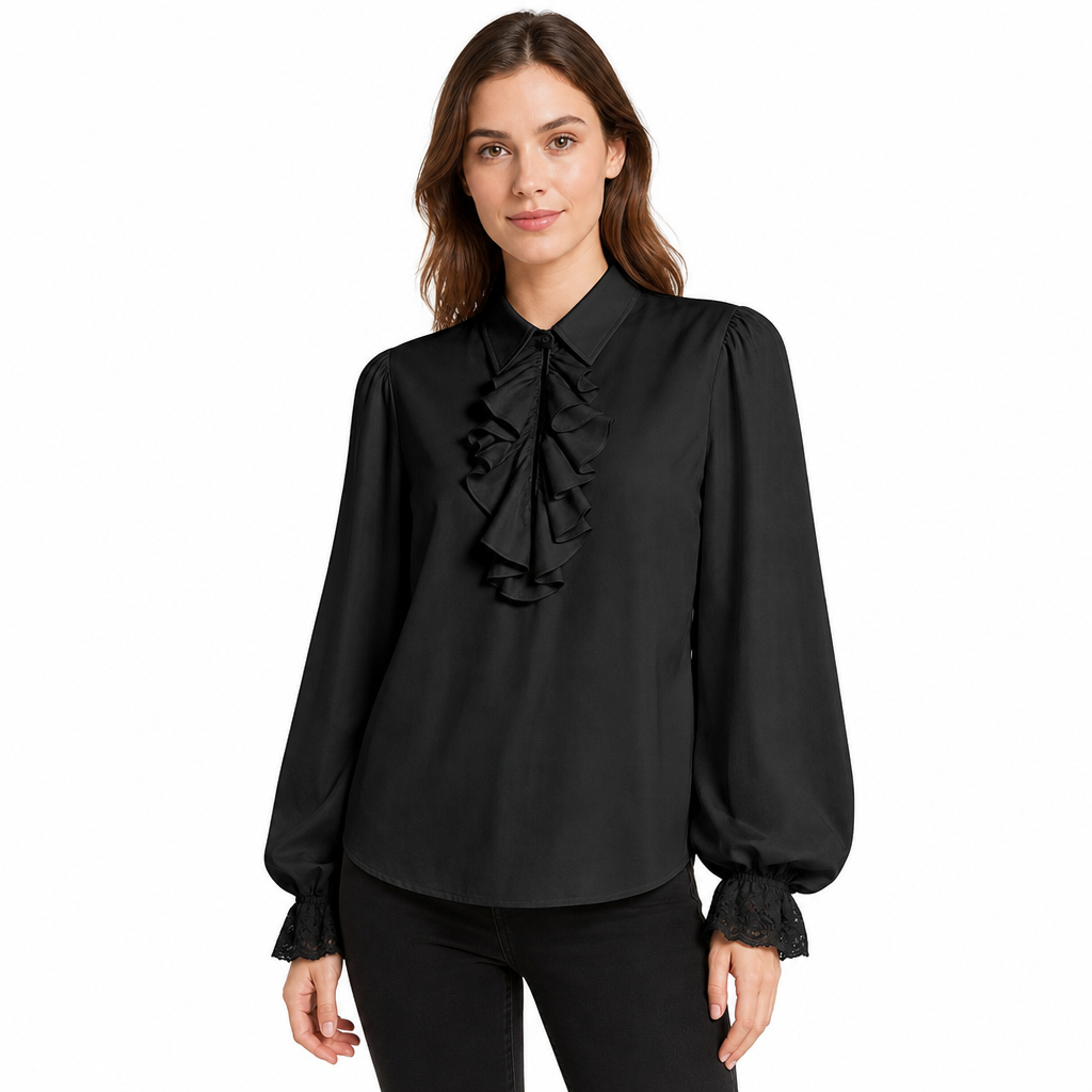 Damen Bluse im französischen Stil mit Rüschenkragen und Spitzenmanschetten für Halloween-Vampirkostüme und Bühnenauftritte