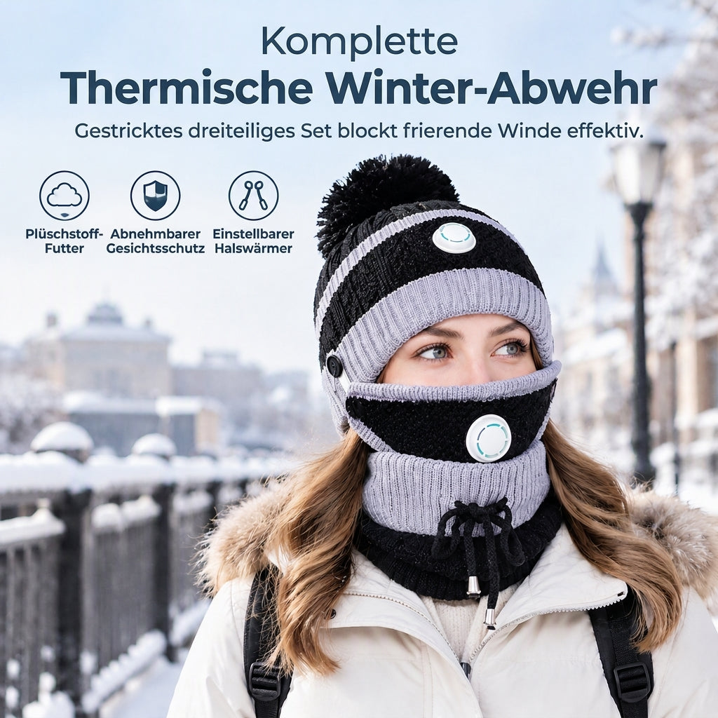 Damen Winter Warm Strickmütze mit Gesichtsmaske und Halstuch Winddicht Ohrenschutz Beanie für Radfahren