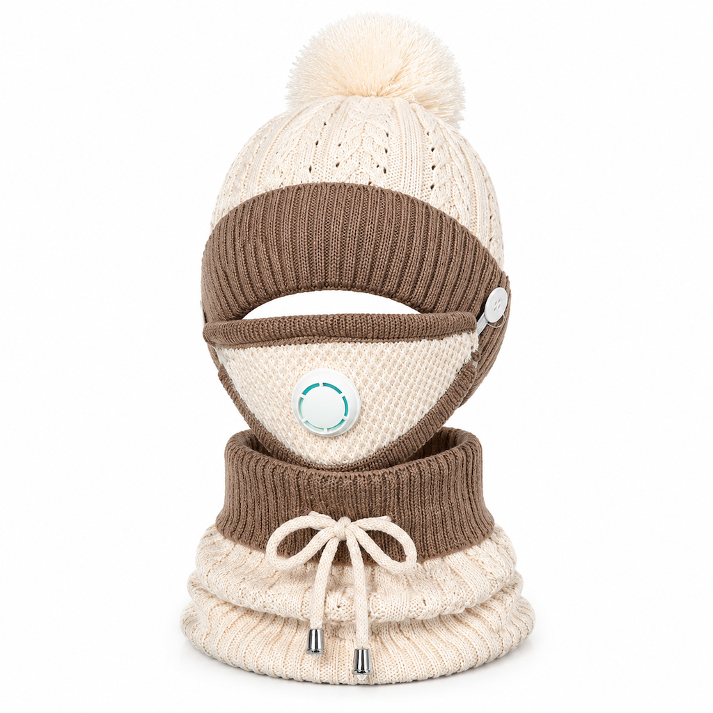 Damen Winter Warm Strickmütze mit Gesichtsmaske und Halstuch Winddicht Ohrenschutz Beanie für Radfahren