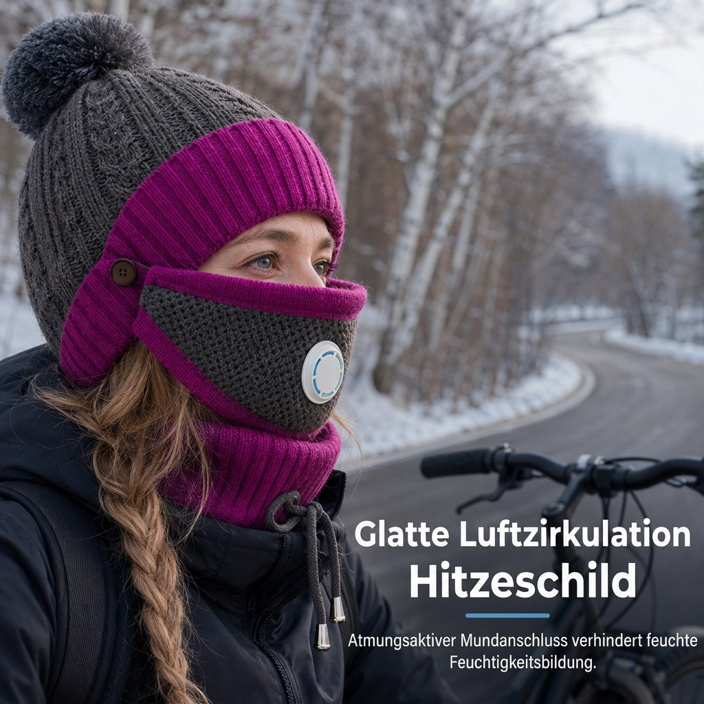 Damen Winter Warm Strickmütze mit Gesichtsmaske und Halstuch Winddicht Ohrenschutz Beanie für Radfahren