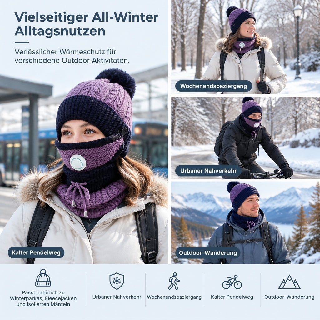 Damen Winter Warm Strickmütze mit Gesichtsmaske und Halstuch Winddicht Ohrenschutz Beanie für Radfahren