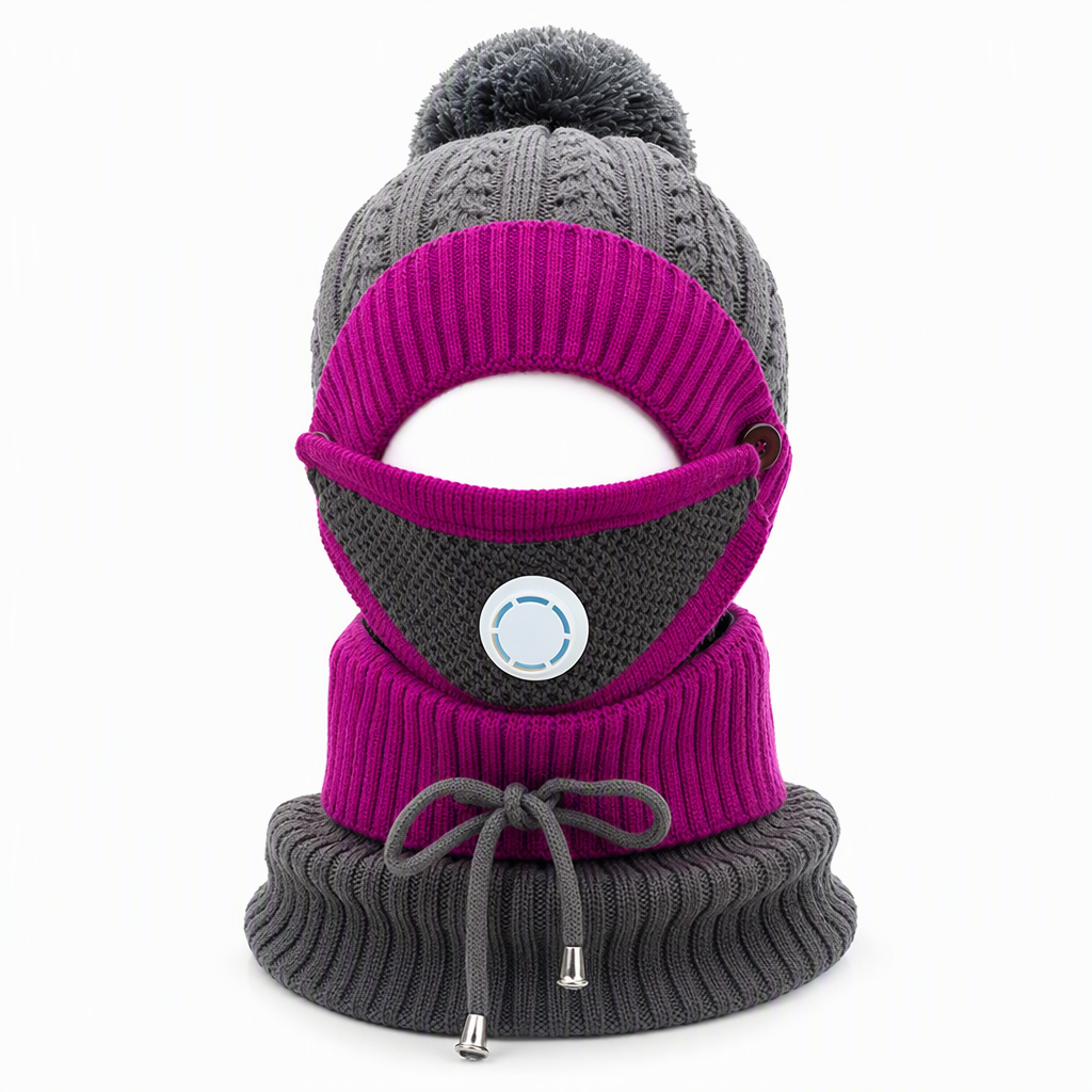 Damen Winter Warm Strickmütze mit Gesichtsmaske und Halstuch Winddicht Ohrenschutz Beanie für Radfahren