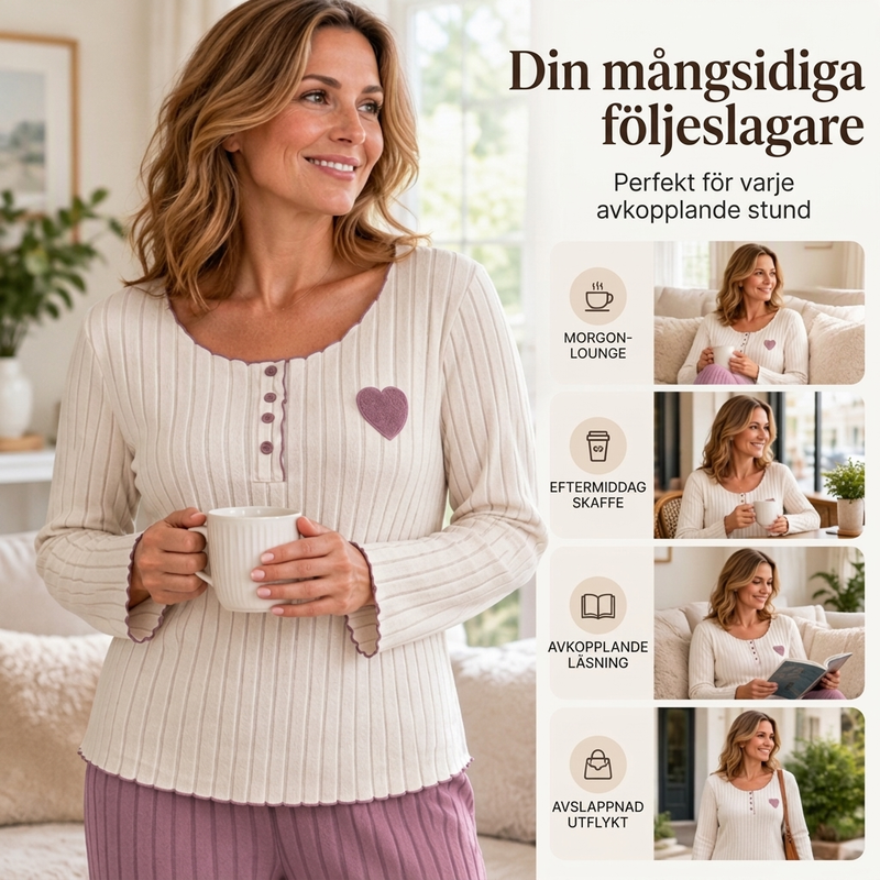 Geripptes Schlafanzug-Set für Damen mit Herzstickerei