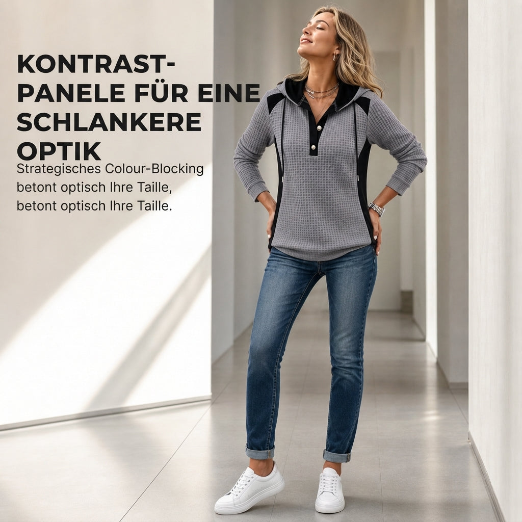 Damen Freizeit Kapuzenpullover aus Waffelstrick mit Patchwork-Design