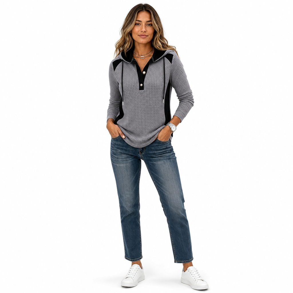 Damen Freizeit Kapuzenpullover aus Waffelstrick mit Patchwork-Design