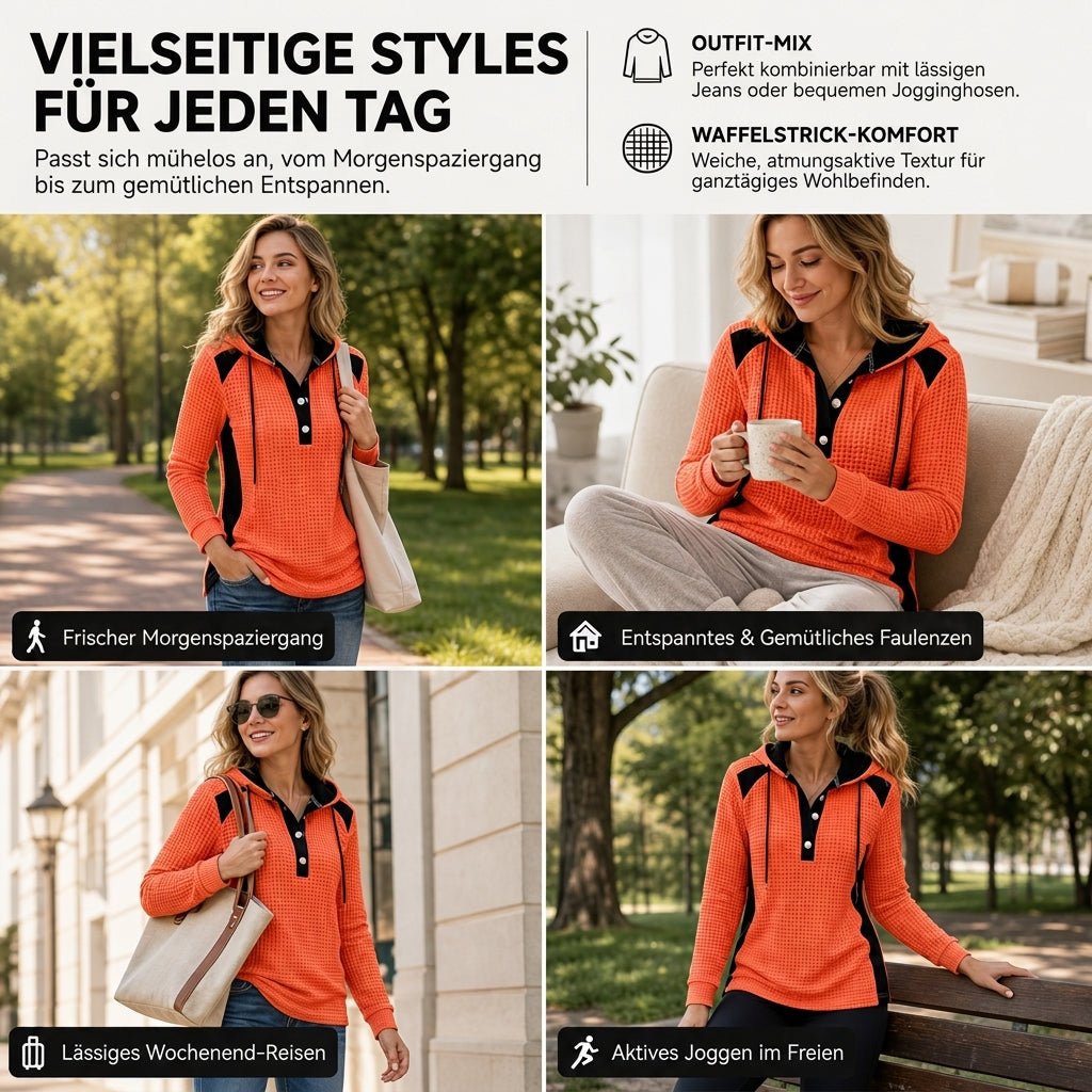 Damen Freizeit Kapuzenpullover aus Waffelstrick mit Patchwork-Design