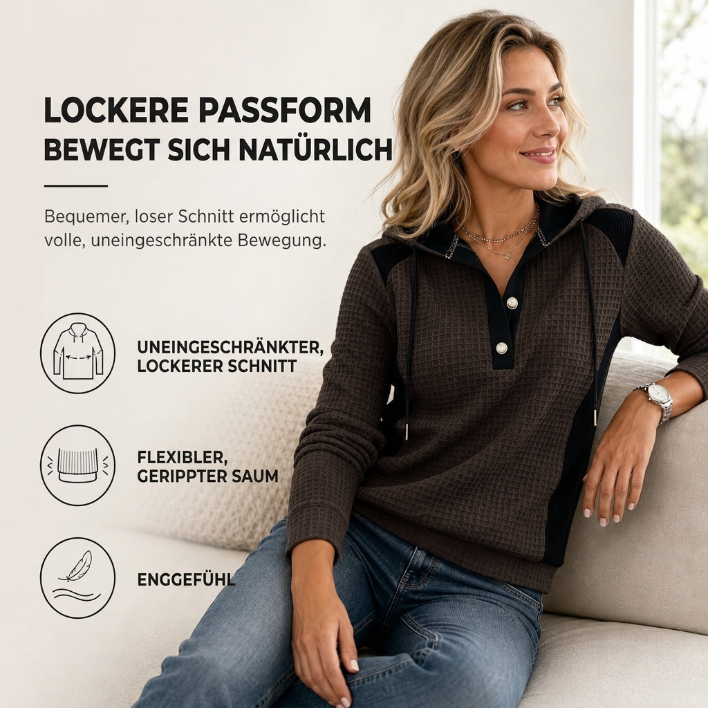 Damen Freizeit Kapuzenpullover aus Waffelstrick mit Patchwork-Design