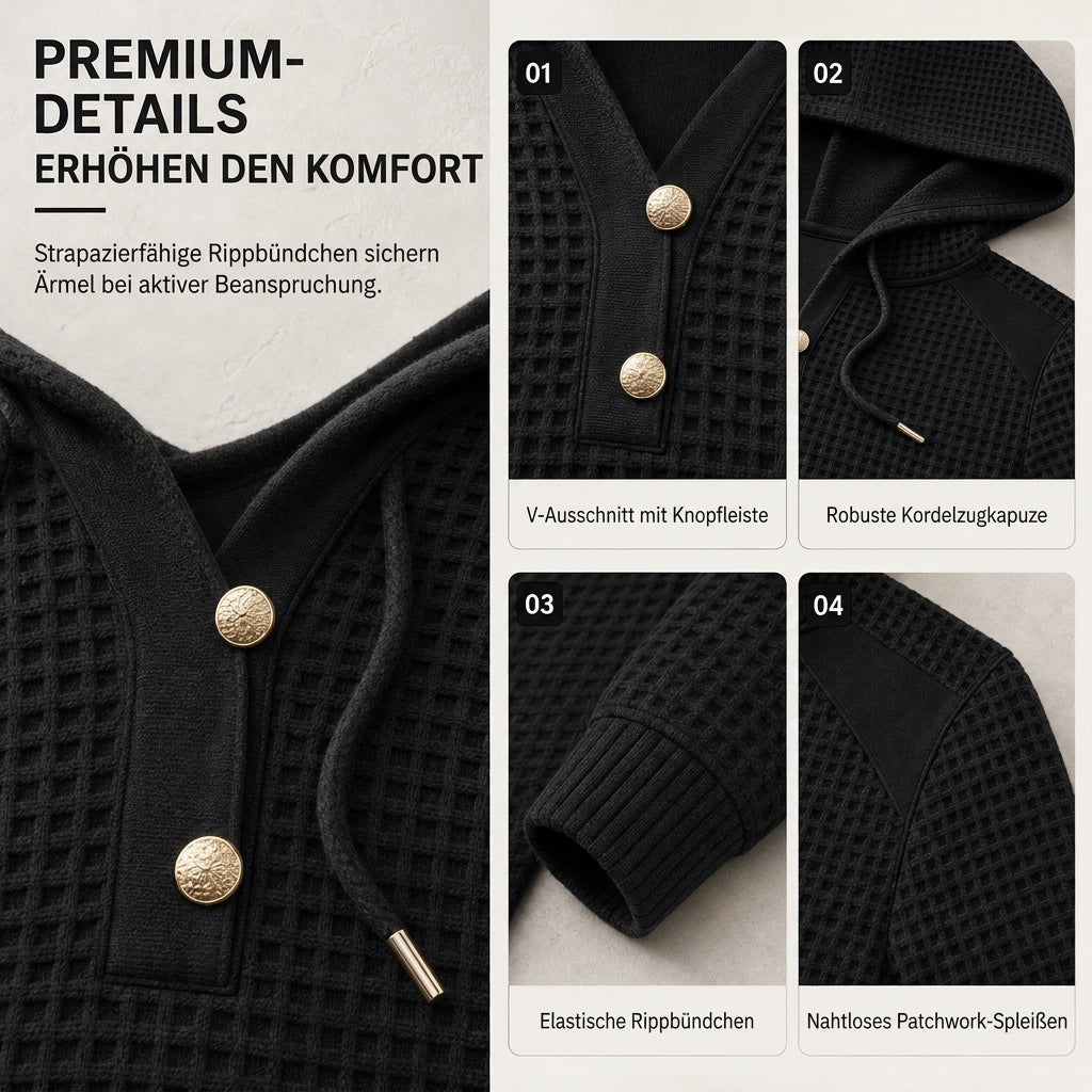 Damen Freizeit Kapuzenpullover aus Waffelstrick mit Patchwork-Design