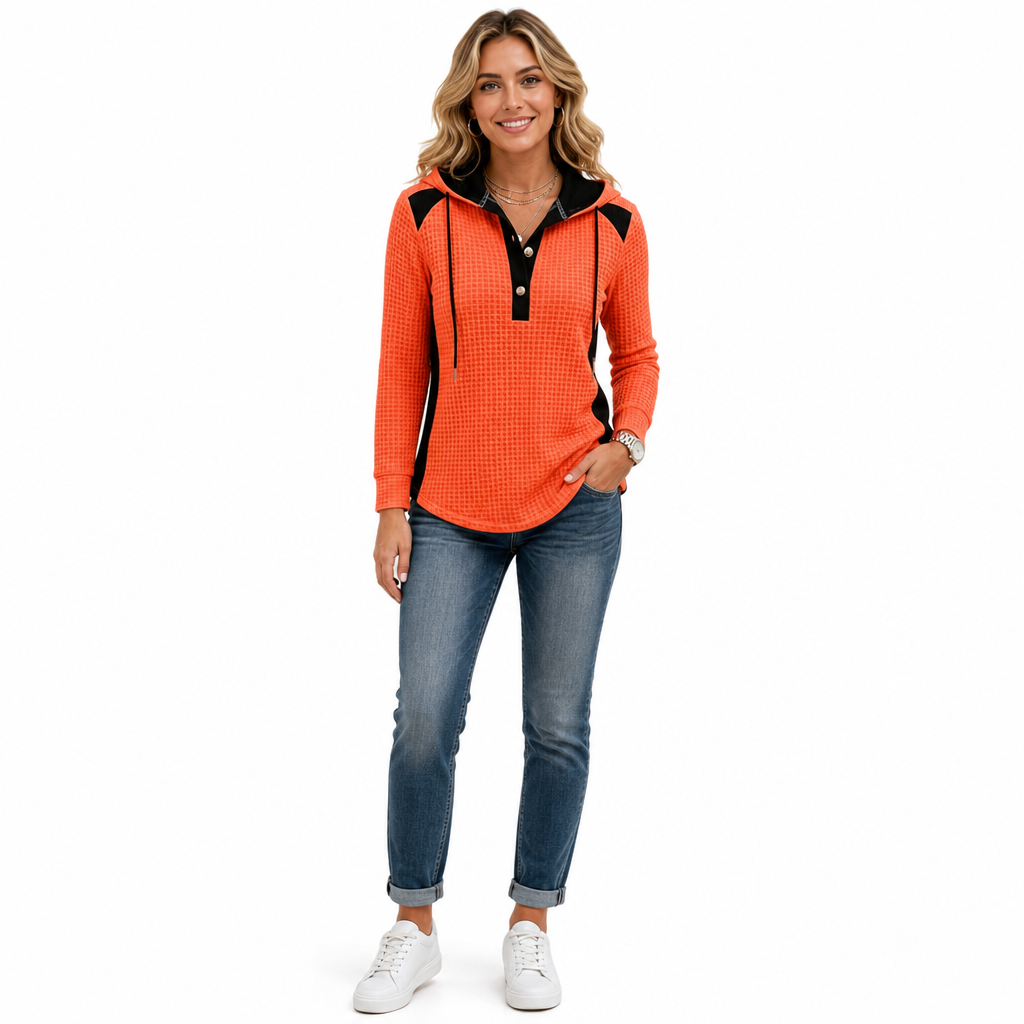 Damen Freizeit Kapuzenpullover aus Waffelstrick mit Patchwork-Design