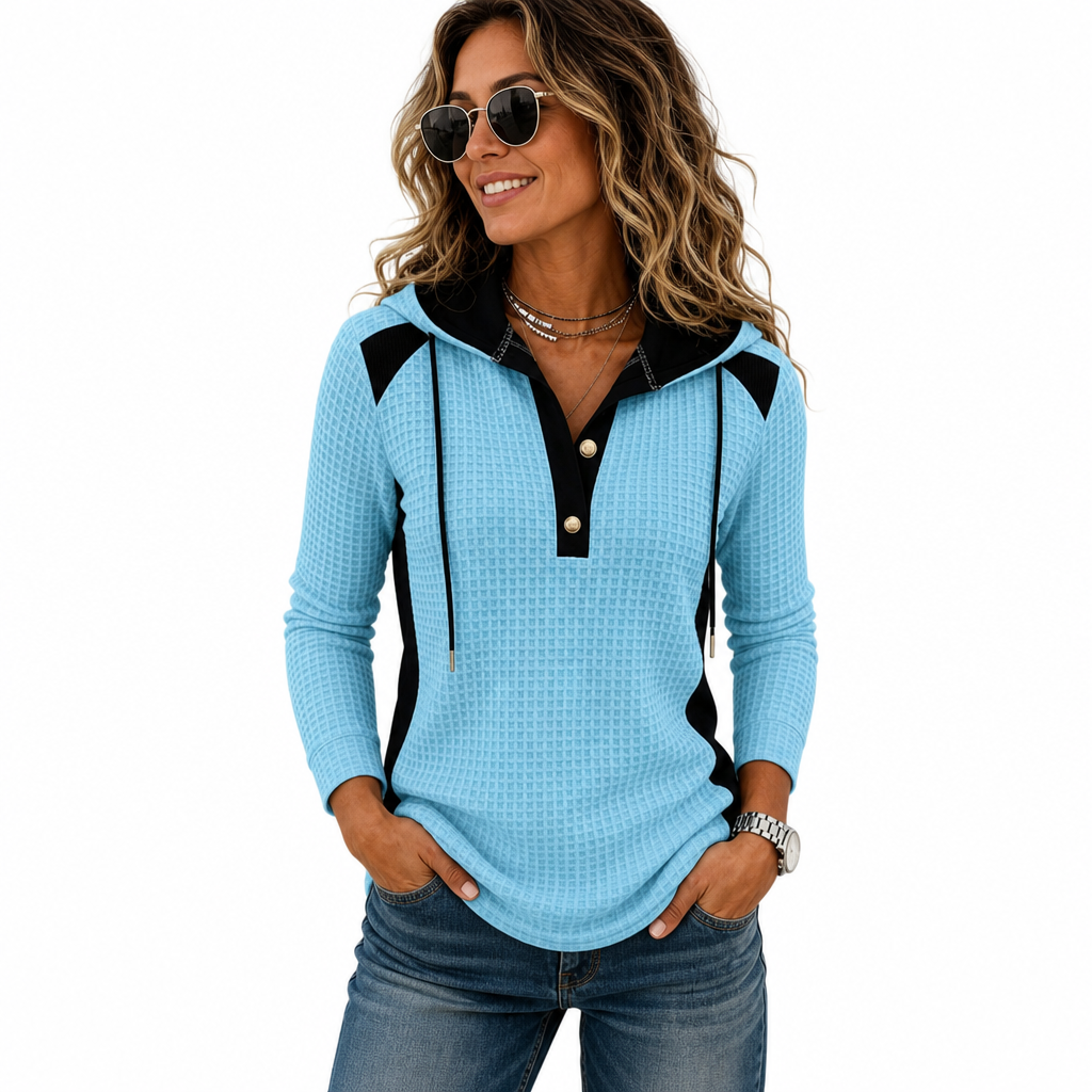 Damen Freizeit Kapuzenpullover aus Waffelstrick mit Patchwork-Design