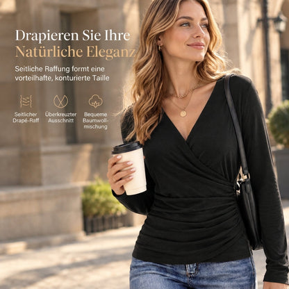 Schmal geschnittenes Damen-Top mit V-Ausschnitt, langen Ärmeln und taillierter Raffung für Frühling und Herbst