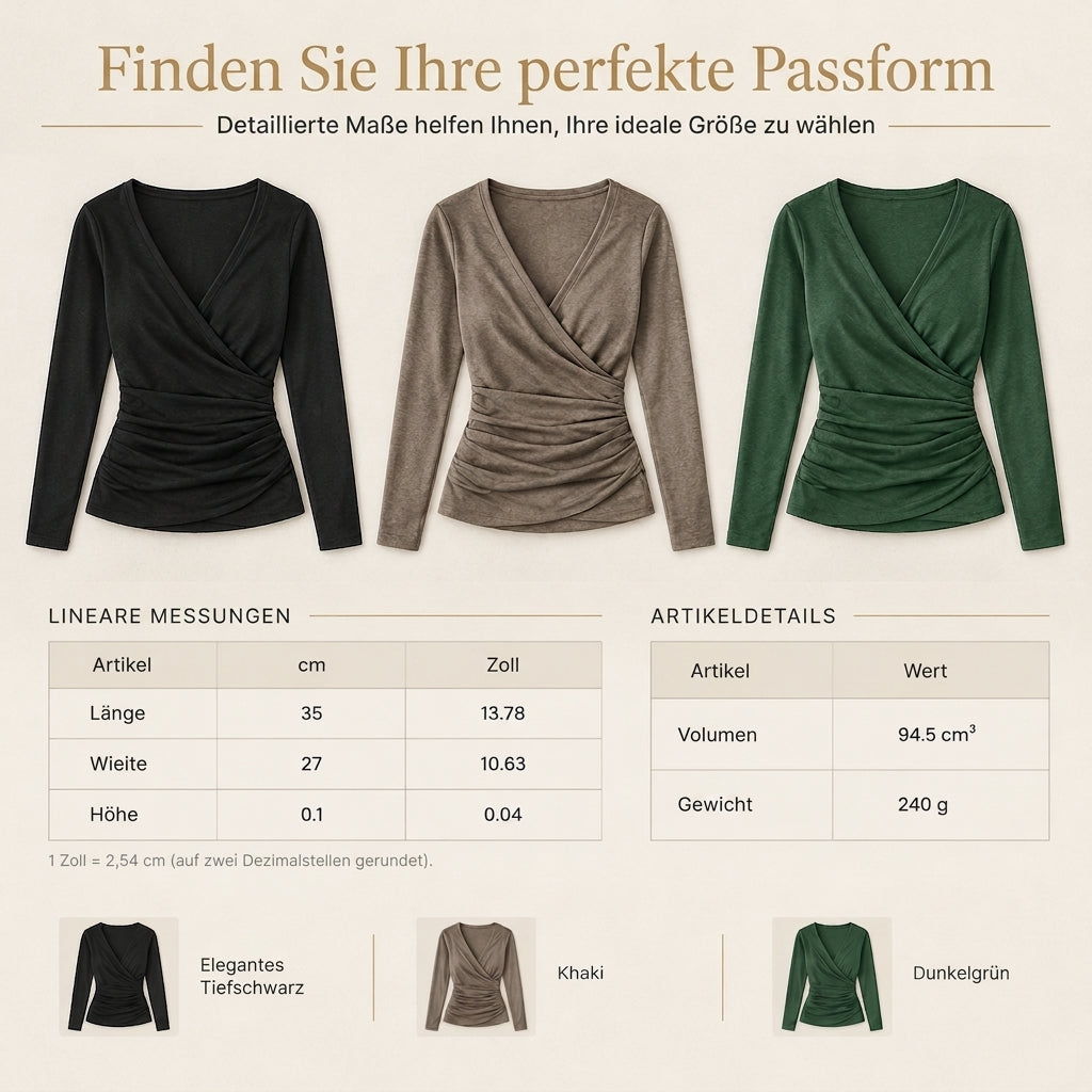 Schmal geschnittenes Damen-Top mit V-Ausschnitt, langen Ärmeln und taillierter Raffung für Frühling und Herbst