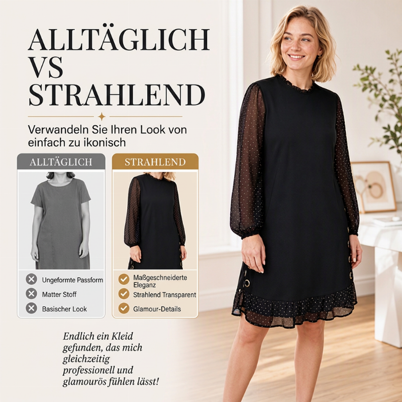 🖤👗 Transparente Punkte-Ärmel, elegant & auffällig – Elegantes Damenkleid mit transparenten Punktenärmeln ✨