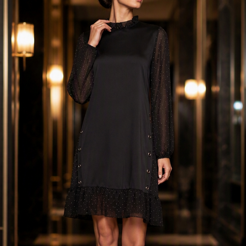 🖤👗 Transparente Punkte-Ärmel, elegant & auffällig – Elegantes Damenkleid mit transparenten Punktenärmeln ✨