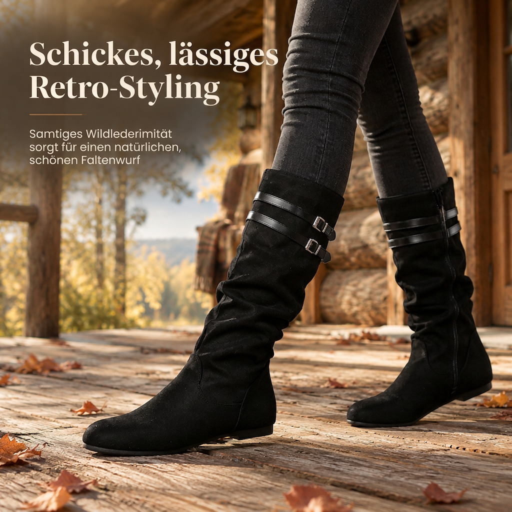 Damen Retro Wildleder Slouchy Kniestiefel Bequeme Flache Doppelschnalle Stiefel
