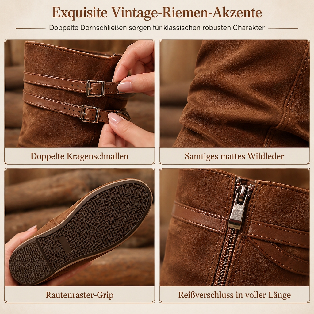 Damen Retro Wildleder Slouchy Kniestiefel Bequeme Flache Doppelschnalle Stiefel