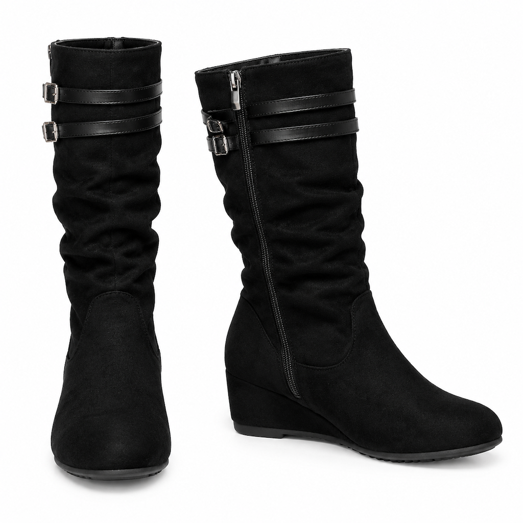 Damen Retro Wildleder Slouchy Kniestiefel Bequeme Flache Doppelschnalle Stiefel