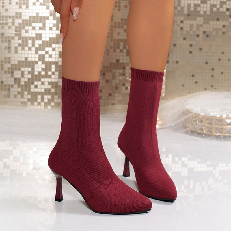 Damen elegante Streckspitz-Stiefeletten mit Strick-Stiletto-Absatz