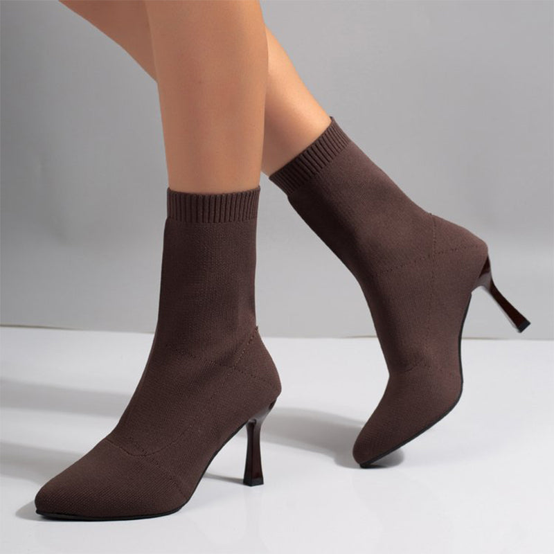 Damen elegante Streckspitz-Stiefeletten mit Strick-Stiletto-Absatz