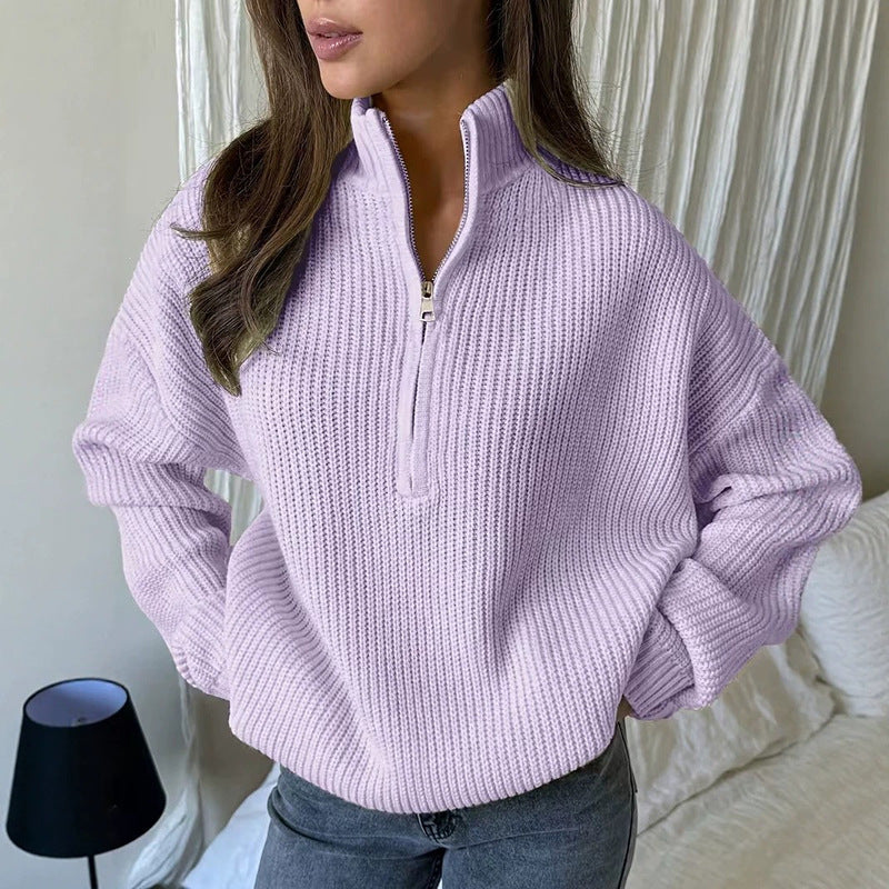 ✨Damen Stehkragen Halb-Reißverschluss Strickpullover