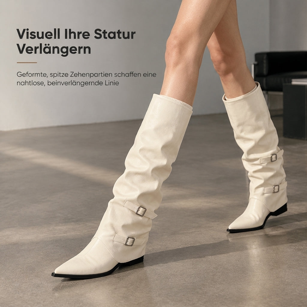 Damen Kniehochstiefel aus weichem Leder mit spitzer Zehenpartie, lässiger Passform und klotzigem Blockabsatz