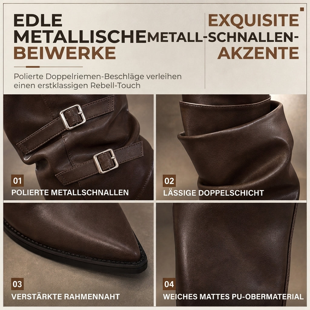 Damen Kniehochstiefel aus weichem Leder mit spitzer Zehenpartie, lässiger Passform und klotzigem Blockabsatz