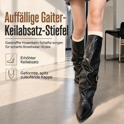Damen Kniehochstiefel aus weichem Leder mit spitzer Zehenpartie, lässiger Passform und klotzigem Blockabsatz