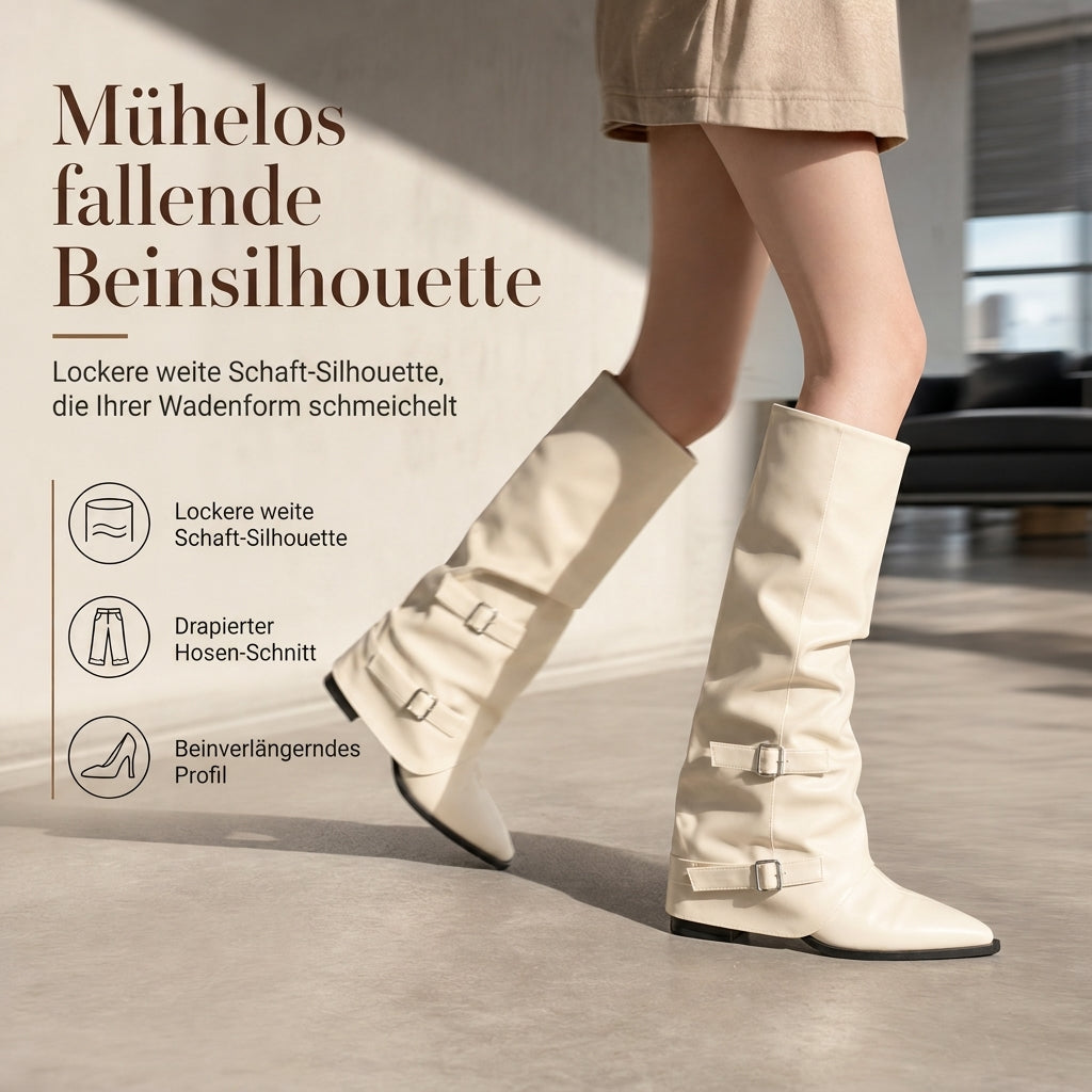 Damen Kniehochstiefel aus weichem Leder mit spitzer Zehenpartie, lässiger Passform und klotzigem Blockabsatz