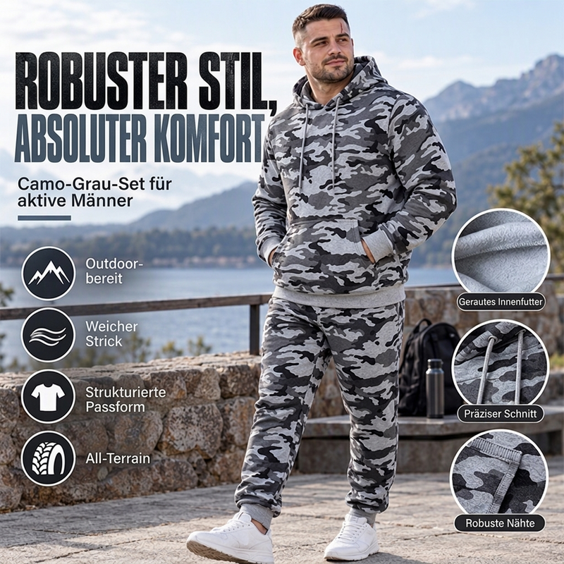 📢🎉🛍️✨Herren-Kapuzenpullover und Hosen-Set mit Plüschfutter, Camouflage-Muster
