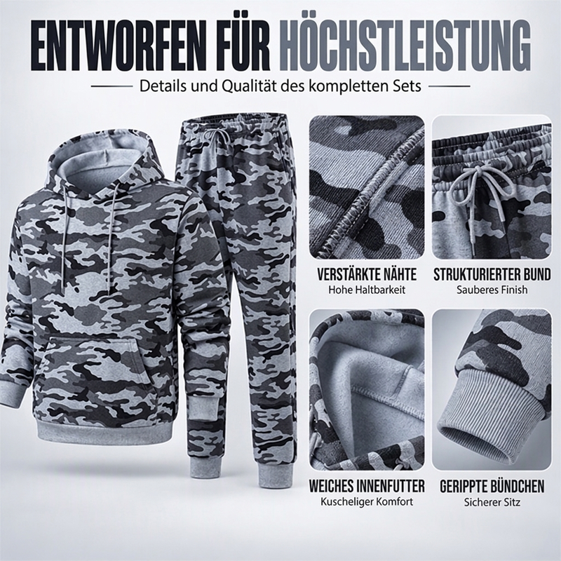 📢🎉🛍️✨Herren-Kapuzenpullover und Hosen-Set mit Plüschfutter, Camouflage-Muster
