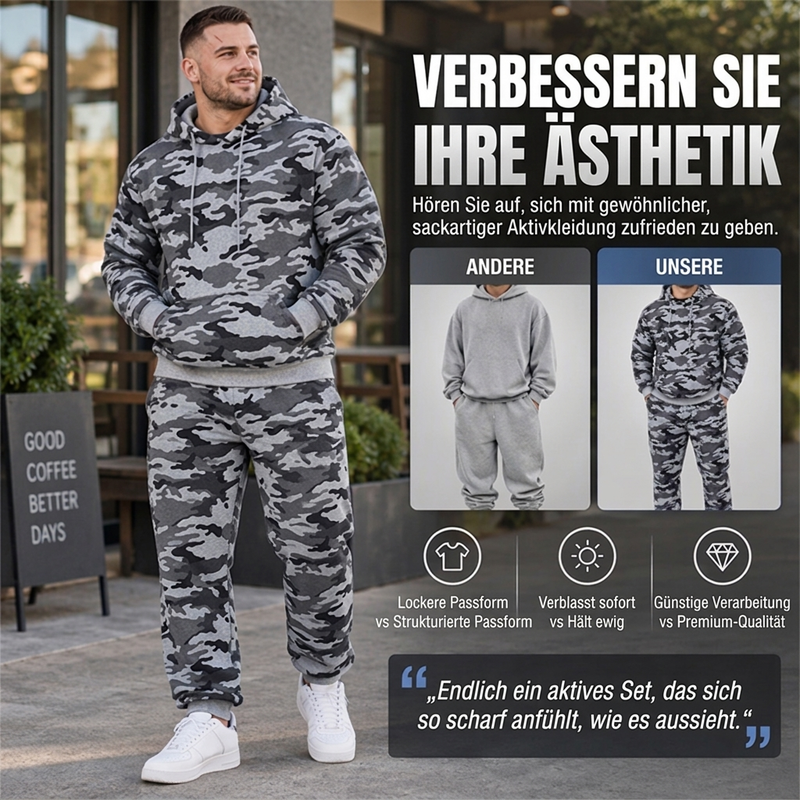 📢🎉🛍️✨Herren-Kapuzenpullover und Hosen-Set mit Plüschfutter, Camouflage-Muster