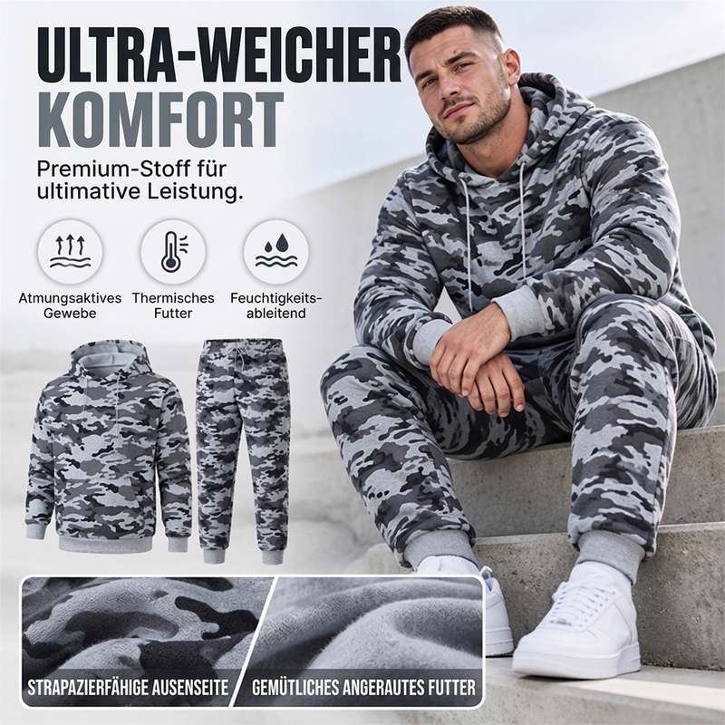 📢🎉🛍️✨Herren-Kapuzenpullover und Hosen-Set mit Plüschfutter, Camouflage-Muster