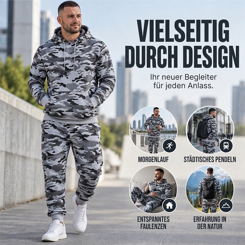 📢🎉🛍️✨Herren-Kapuzenpullover und Hosen-Set mit Plüschfutter, Camouflage-Muster