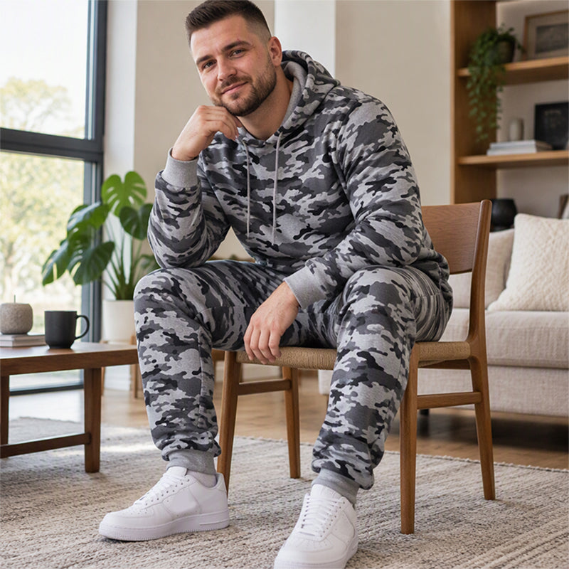 📢🎉🛍️✨Herren-Kapuzenpullover und Hosen-Set mit Plüschfutter, Camouflage-Muster