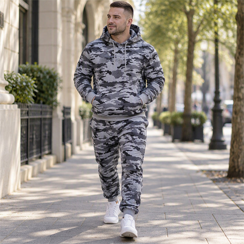 📢🎉🛍️✨Herren-Kapuzenpullover und Hosen-Set mit Plüschfutter, Camouflage-Muster