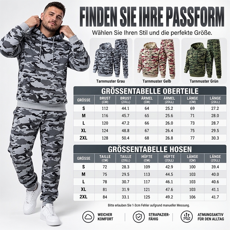 📢🎉🛍️✨Herren-Kapuzenpullover und Hosen-Set mit Plüschfutter, Camouflage-Muster