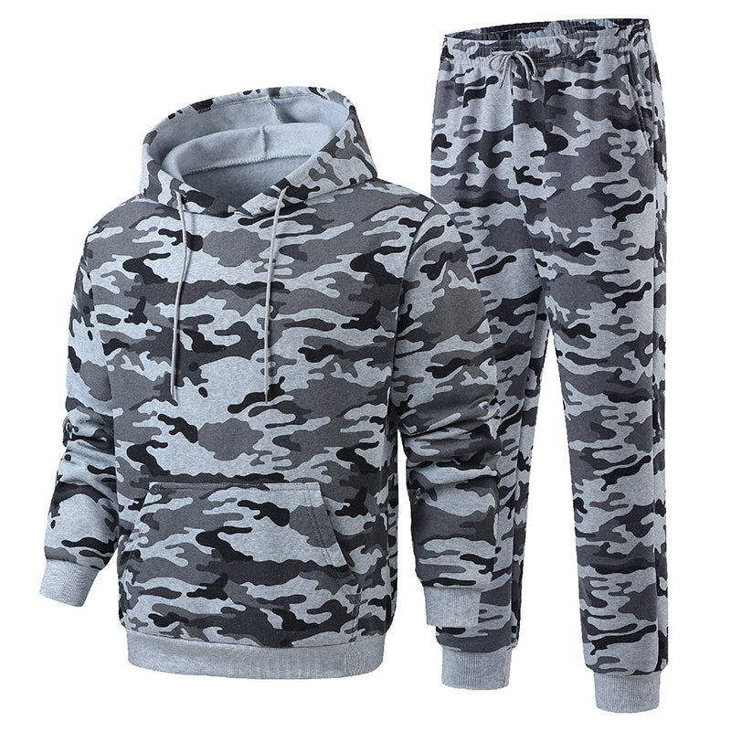 📢🎉🛍️✨Herren-Kapuzenpullover und Hosen-Set mit Plüschfutter, Camouflage-Muster