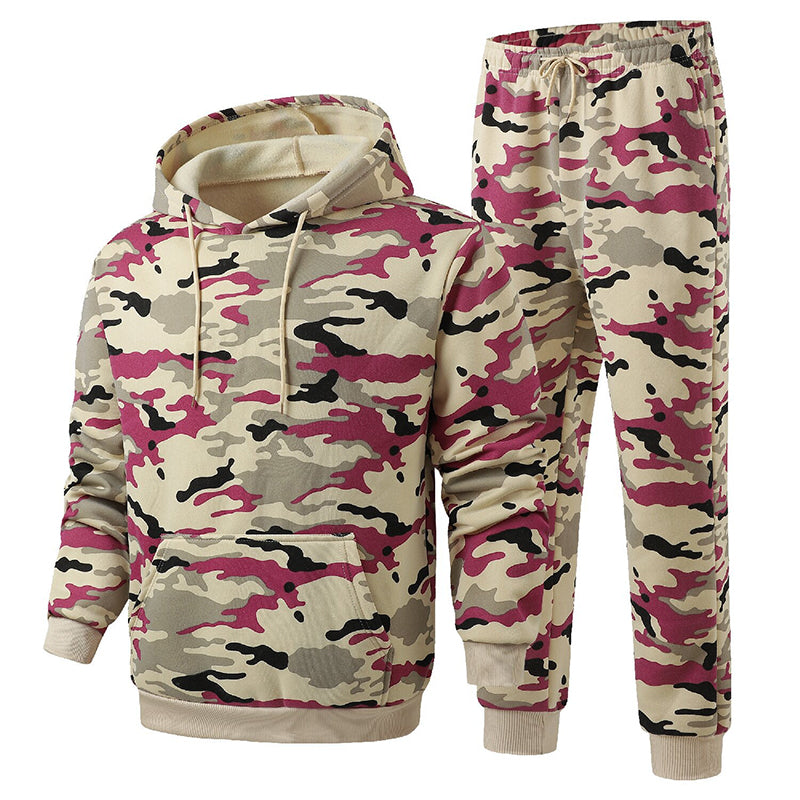 📢🎉🛍️✨Herren-Kapuzenpullover und Hosen-Set mit Plüschfutter, Camouflage-Muster