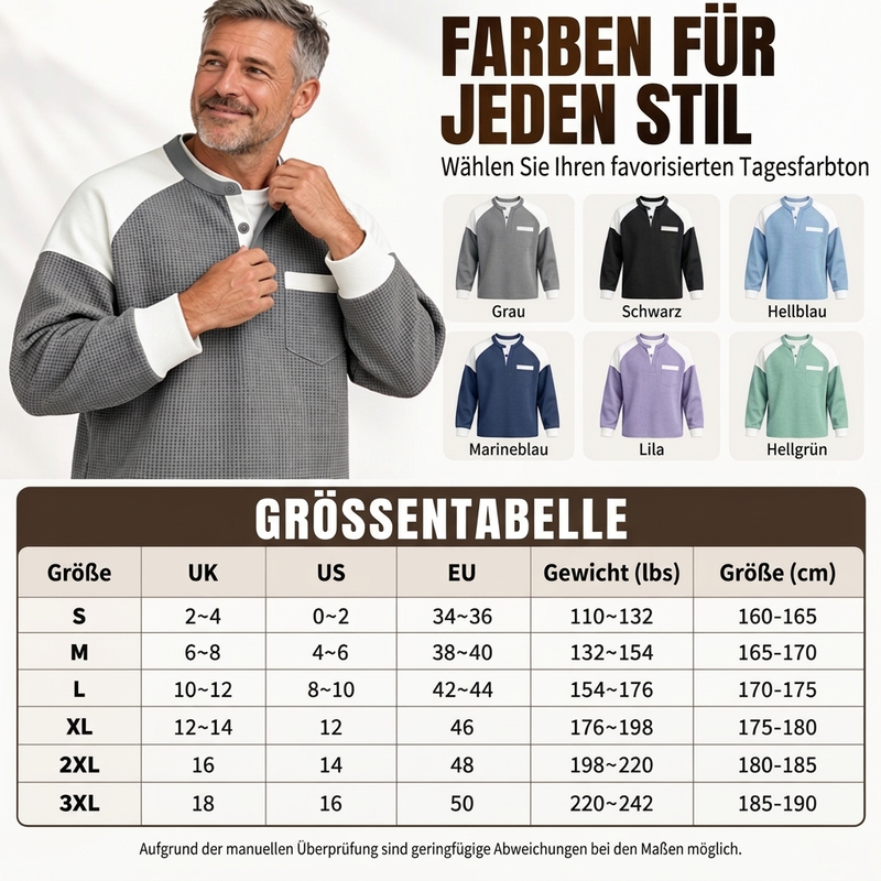 Freizeit-Henley-Oberteil für Herren mit Farbblock-Design und Waffelstrick