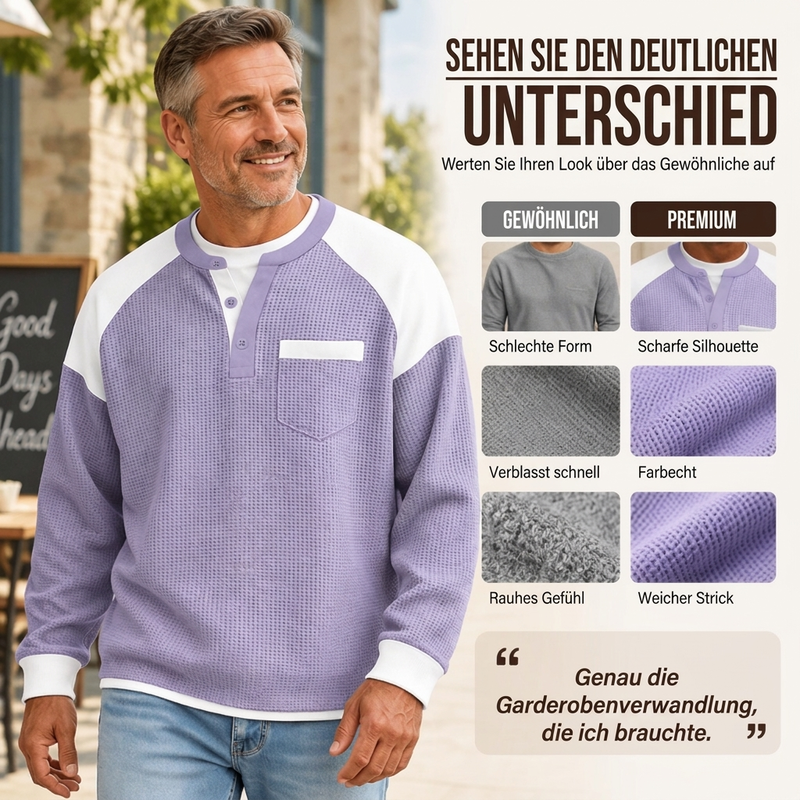Freizeit-Henley-Oberteil für Herren mit Farbblock-Design und Waffelstrick