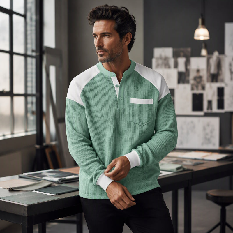 Freizeit-Henley-Oberteil für Herren mit Farbblock-Design und Waffelstrick