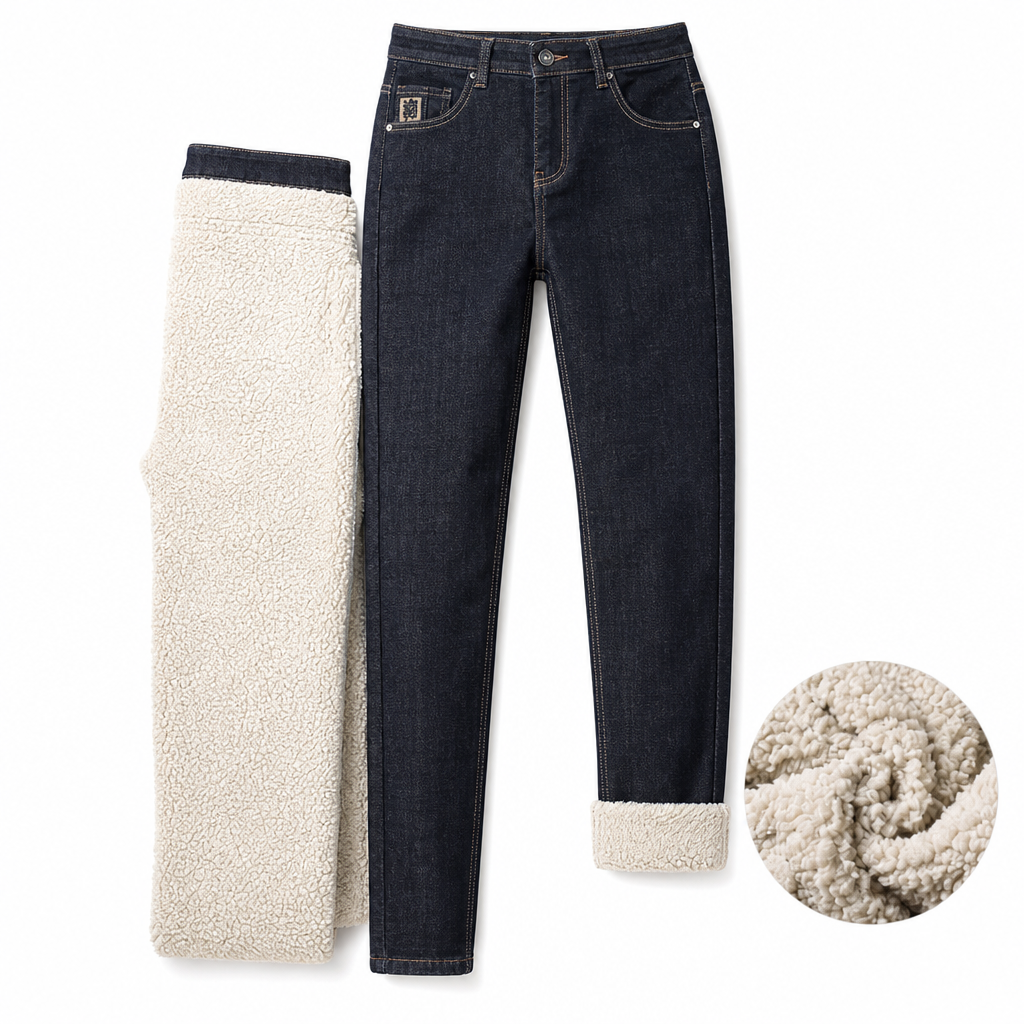 Herren Winter Jeans mit warmer Fütterung, locker geschnitten, gerade legende, Freizeit-Denim-Hosen
