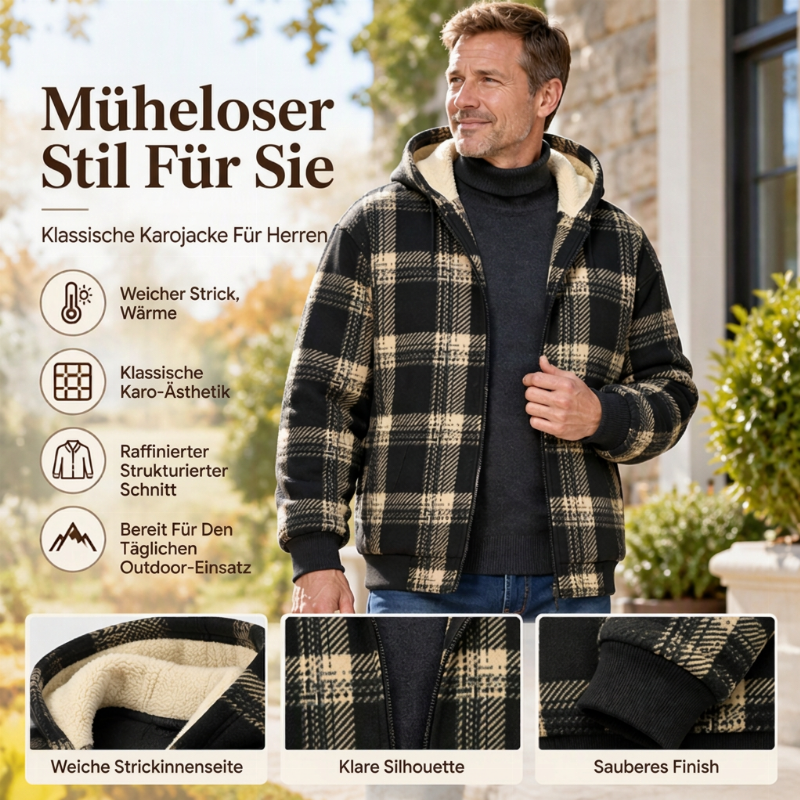 Warme karierte Herren Winterjacke mit Kapuze